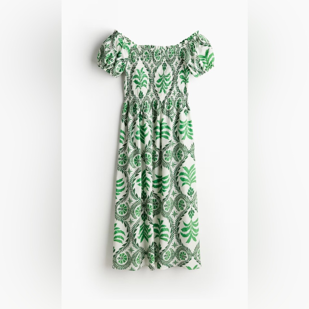 NWT  H&M off-the-shoulder poplin midi dress - green and white - large